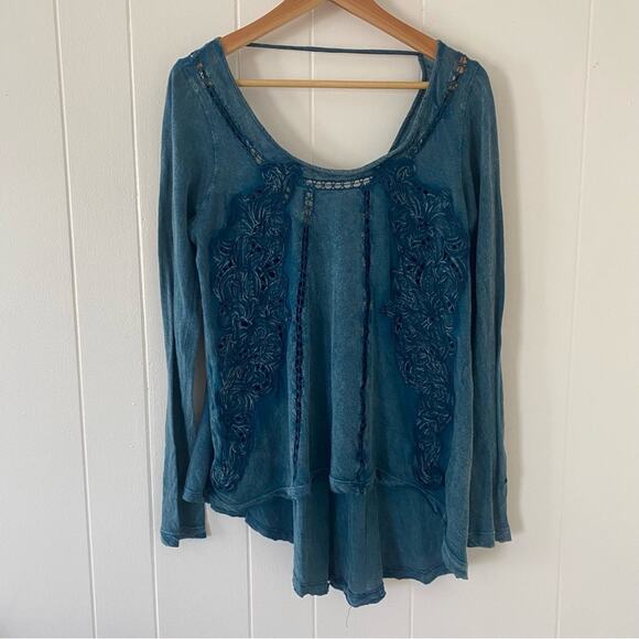 Free People Y2K Whimsigoth Embroidered Lace Teal Long Sleeve XS/S Gently Used - Picture 1 of 6
